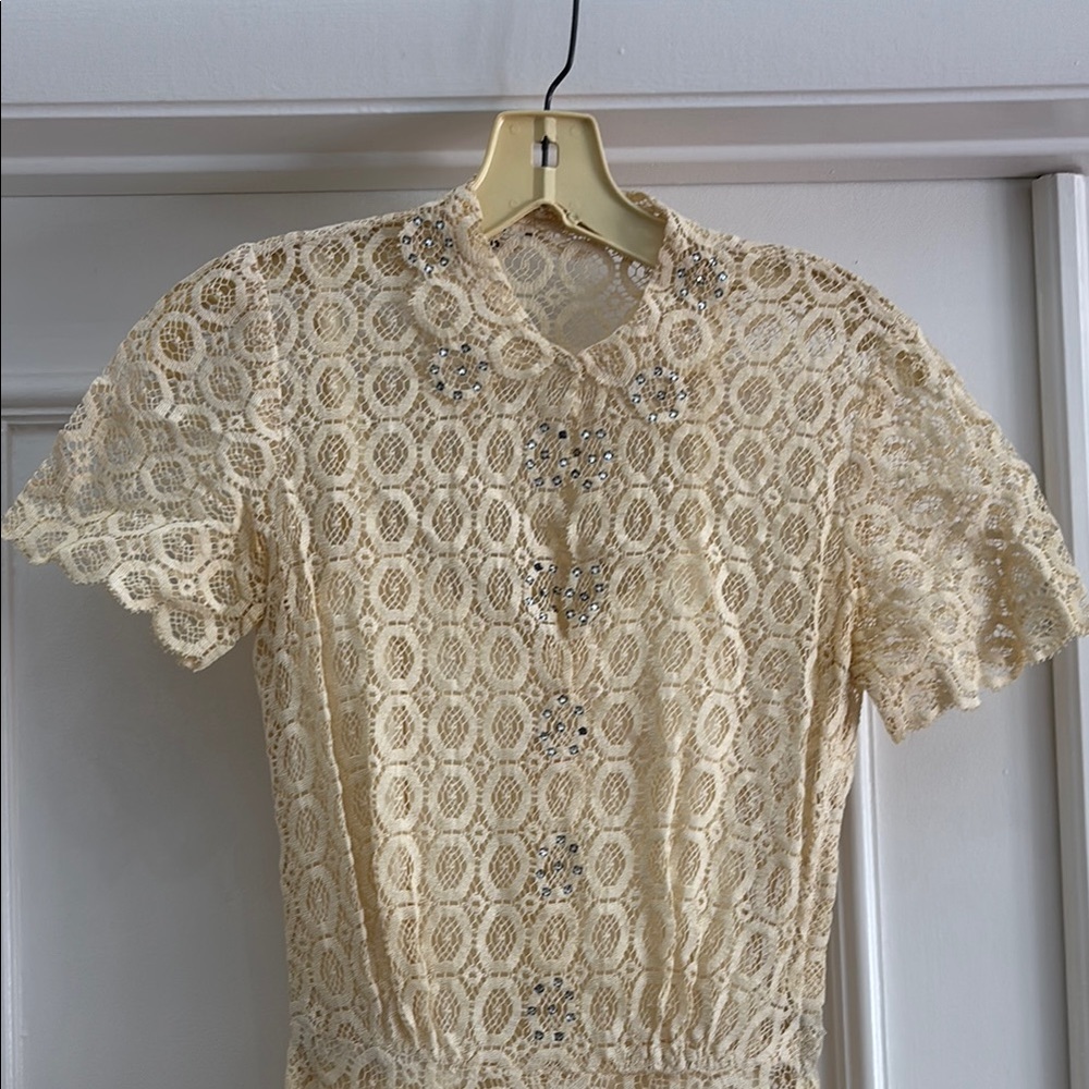 70s Vintage Cream Lace Dress with Satin Slip Rhinestone Detail Small - Picture 3 of 10